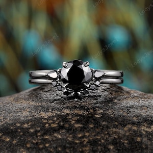 Vintage Gothic Round Cut Black Moissanite Bridal Set Rhodium Black Gold Black Moissanite Engagement Ring Unique Witchy Promise Ring for Her