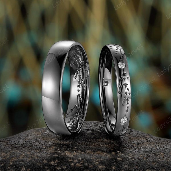 Black Gold Thyme Couple Ring Set Gothic His and Hers Wedding Bands Nature Inspired Moissanite Promise Ring Engraved Leaf Engagement Rings