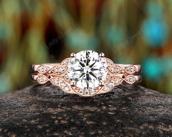 Round Cut Diamond Celtic Knot Engagement Ring 14K Rose Gold 1.5 Carat Lab Grown Diamond Bridal Set IGI Certified Platinum Wedding Ring Gift