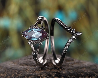 Black Gold Marquise Cut Alexandrite Engagement Ring Set, Witchy Rhodium Black Promise Ring, Gothic Black Wedding Anniversary Ring Bridal Set