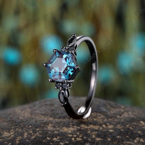 Gothic Black Hexagon Alexandrite Engagement Ring, Rhodium Black Alexandrite Promise Ring, Black Wedding Ring Anniversary Gift for Women