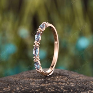 Marquise Cut Alexandrite Wedding Band,Vintage 14K Rose Gold Engagement Band,June Birthstone Anniversary Matching Ring,Delicate Straight Band