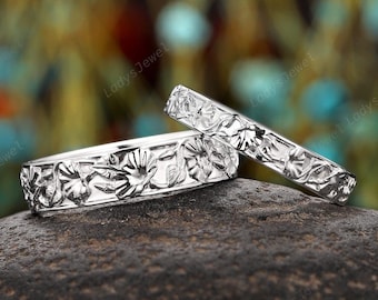 Morning Glory His and Hers Wedding Bands September Birth Flower Couple Promise Ring Set White Gold Anniversary Gift Platinum Engagement Ring