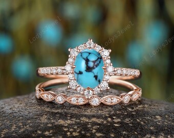 Unique Oval Shape Blue Turquoise Engagement Ring Set, Vintage 14K Rose Gold Promise Ring, Art Deco Halo Floral Wedding Anniversary Ring Gift