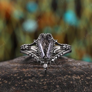 Coffin Cut Black Rutilated Quartz Engagement Ring Rhodium Black Gold Black Needle Stone Bridal Set Gothic Milgrain Split Witchy Promise Ring