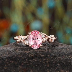 Padparadscha Pink Sapphire Engagement Ring Oval Cut Girly Pink Sapphire Promise Ring 14K Rose Gold Twig Leaf Diamond Wedding Ring for Women