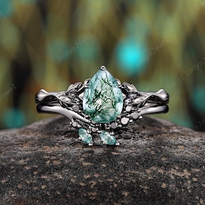 Vintage Pear Cut Moss Agate Engagement Ring Set Rhodium Black Gold Twig Branch Bridal Set Gothic Nature Inspired Witchy Promise Wedding Ring