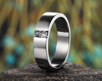 Baguette Cut Black Rutilated Quartz Men&#39;s Wedding Band Gothic Mans Engagement Band Black Gold Nature Inspired Witchy Promise Band for Him