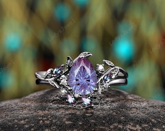 Black Gold Firework Cut Alexandrite Bridal Set Nature Inspired