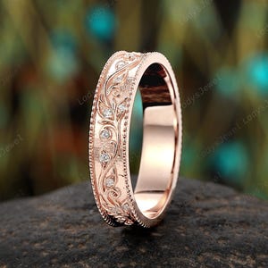 Nature Inspired Moissanite Wedding Band, 14K Rose Gold Vine Leaf Men&#39;s Engagement Band, Twig Branch Milgrain Promise Band Anniversary Gift