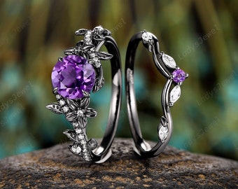 Black Gold Round Amethyst Engagement Ring Set Witchy Rhodium Black February Birthstone Promise Ring Gothic Bridal Set Anniversary Ring Gift