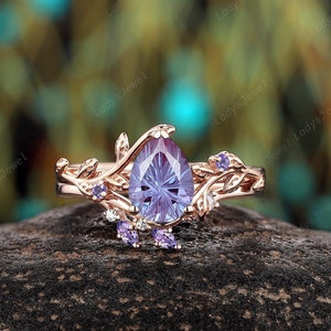 Fyrverkerislipad Alexandrit Platina Bröllopsset 14K Roséguld Ametist Blommor Elvförlovningsring Droppformad Alexandrit Vigsellöfte