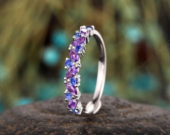 Marquise Amethyst and Sapphire Wedding Band, Platinum Amethyst Stacking Matching Band,Delicate Half Eternity Bridal Anniversary Promise Ring