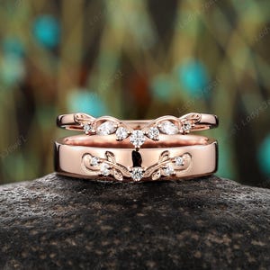 Nature Inspired His and Hers Wedding Band 14K Rose Gold Moissanite Bridal Set Twig Leaf Couples Promise Rings Platinum Engagement Ring Gift