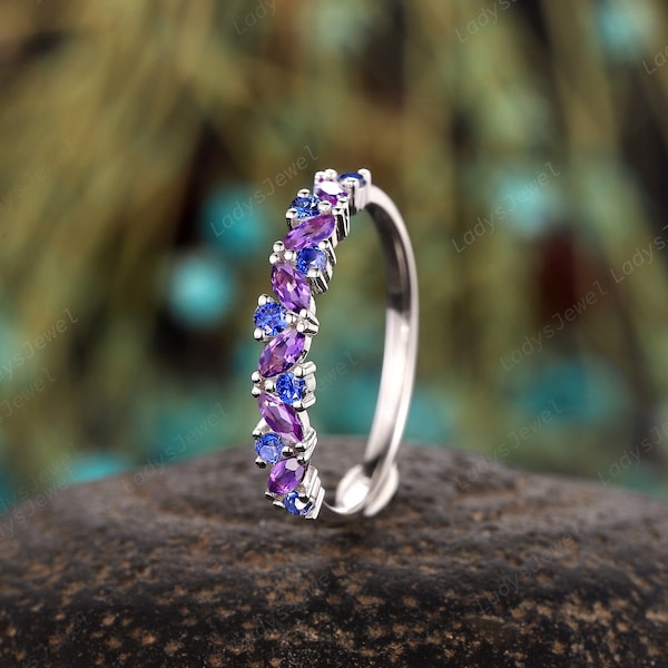 Marquise Amethyst and Sapphire Wedding Band, Platinum Amethyst Stacking Matching Band,Delicate Half Eternity Bridal Anniversary Promise Ring