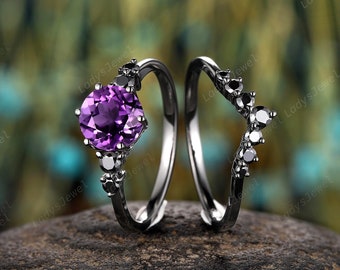 Round Cut Natural Amethyst Engagement Ring Set Rhodium Black Gold February Birthstone Wedding Ring Goth Violet Amethyst Witchy Promise Rings