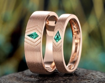 Platinum Kite Cut Emerald His and Hers Wedding Band 14K Rose Gold Brushed Couples Promise Ring May Birthstone Women&#39;s Men&#39;s Engagement Band