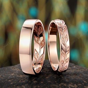 Nature Inspired Leaf His & Hers Wedding Band Unique 14K Rose Gold Twig Branch Couple Promise Ring Vintage Full Eternity Engagement Ring Set
