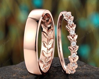 Delicate Moissanite Couples Promise Ring Nature Inspired His and Hers Wedding Band 14K Rose Gold Engagement Band Dainty Twig Leaf Bridal Set