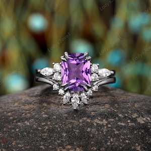Cushion Cut Natural Amethyst Engagement Ring Set, Rhodium Black Gold February Birthstone Bridal Set, Gothic Moissanite Witchy Wedding Ring