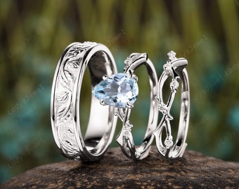 Pear Natural Aquamarine Couples Ring Set 3PC March Birthstone Platinum Bridal Set His and Hers Wedding Band Twig Branch Couples Promise Ring