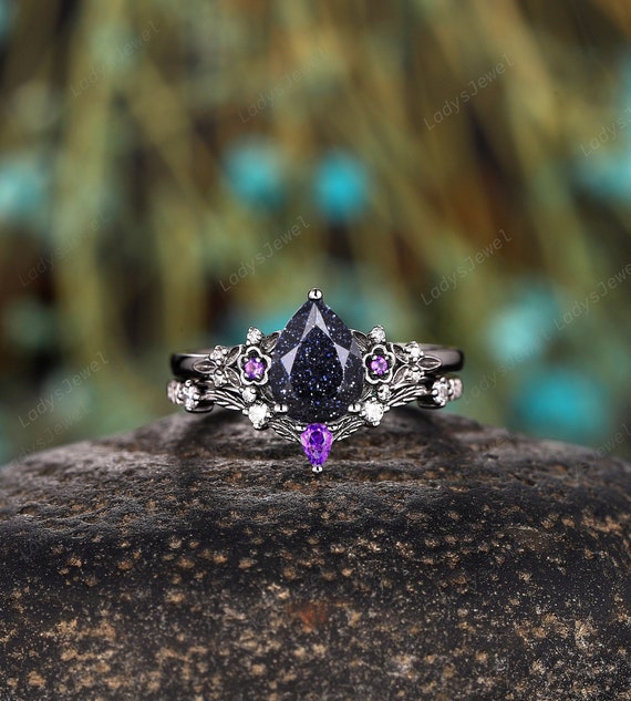 Gothic Nebula Blue Sandstone Engagement Ring Set Black Gold Pear Blue Goldstone Bridal Set Rhodium Black Witchy Amethyst Wedding Ring Set Etsy