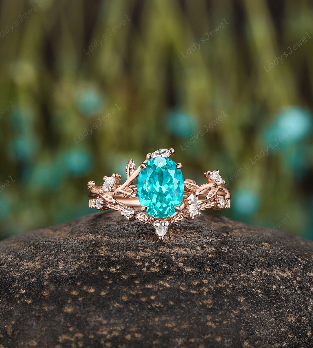 Unique Oval Cut Paraiba Tourmaline Bridal Set Rose Gold Neon Blue