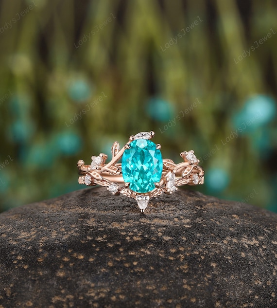 Unique Oval Cut Paraiba Tourmaline Bridal Set Rose Gold Neon Blue
