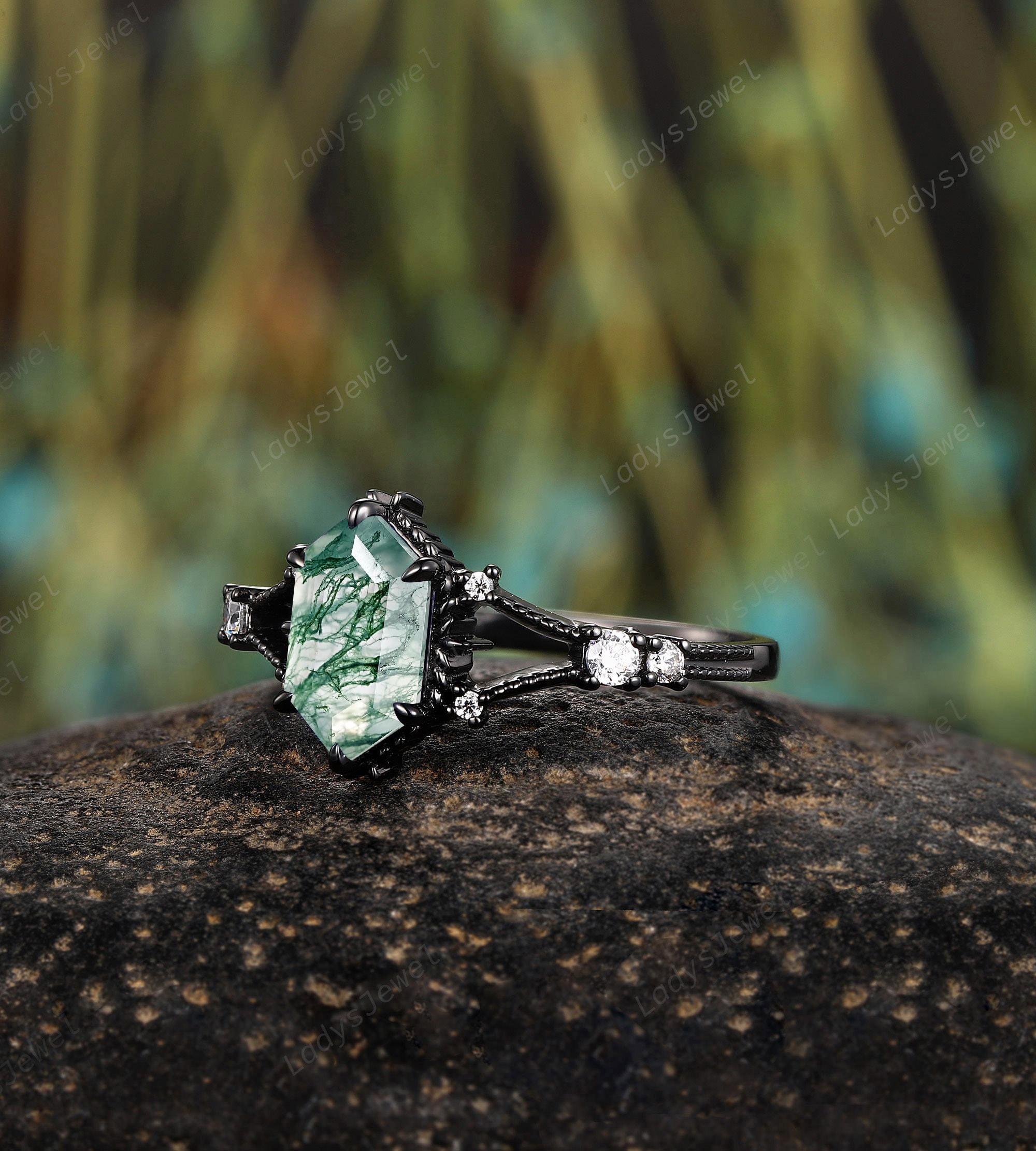 Natural Moss Agate and Diamond Engagement Ring Gothic Long Hexagon