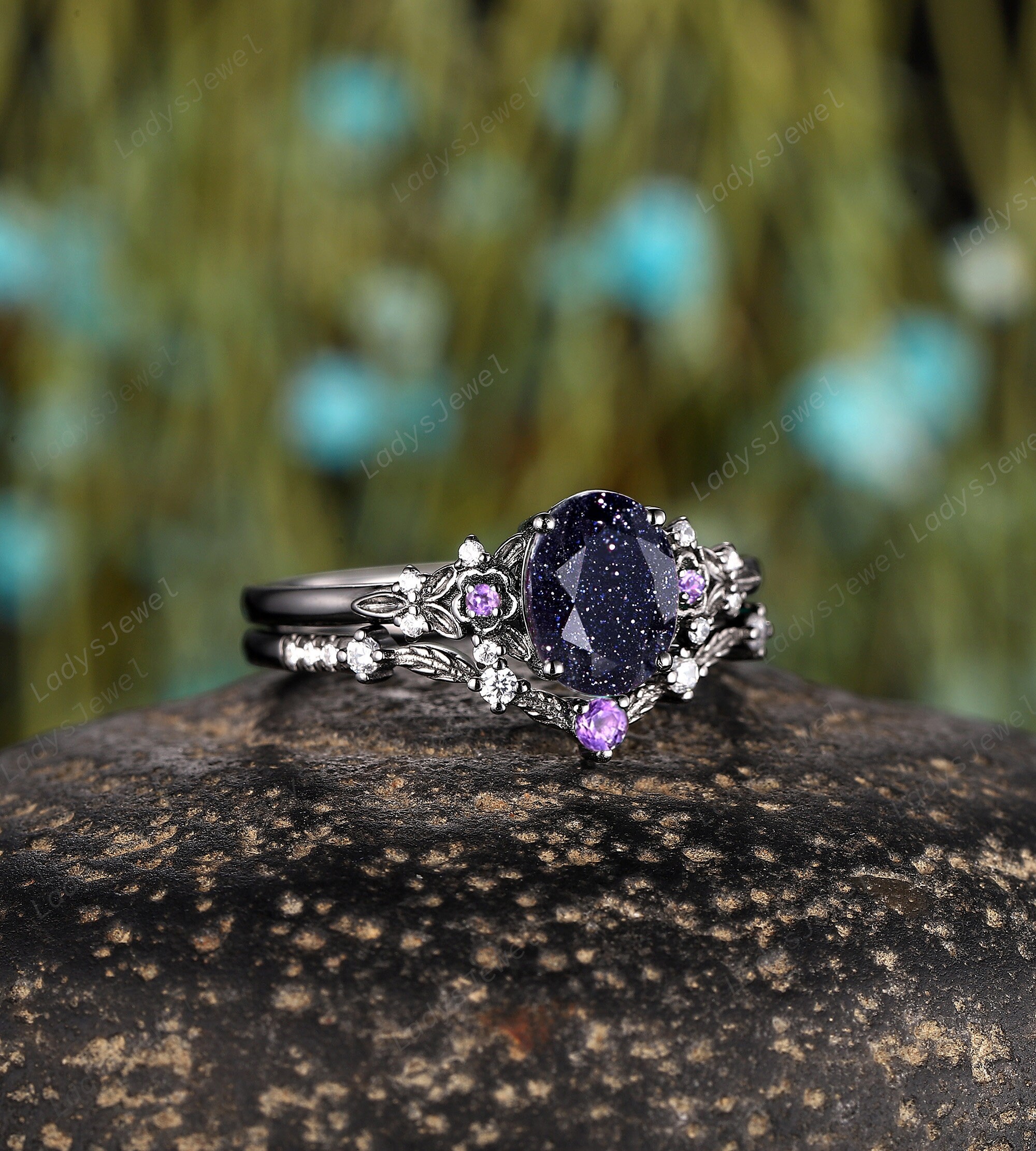 Gemstones 凛 Orion Nebula Oval Blue Sandstone Bridal Set, Gothic Blue Goldstone