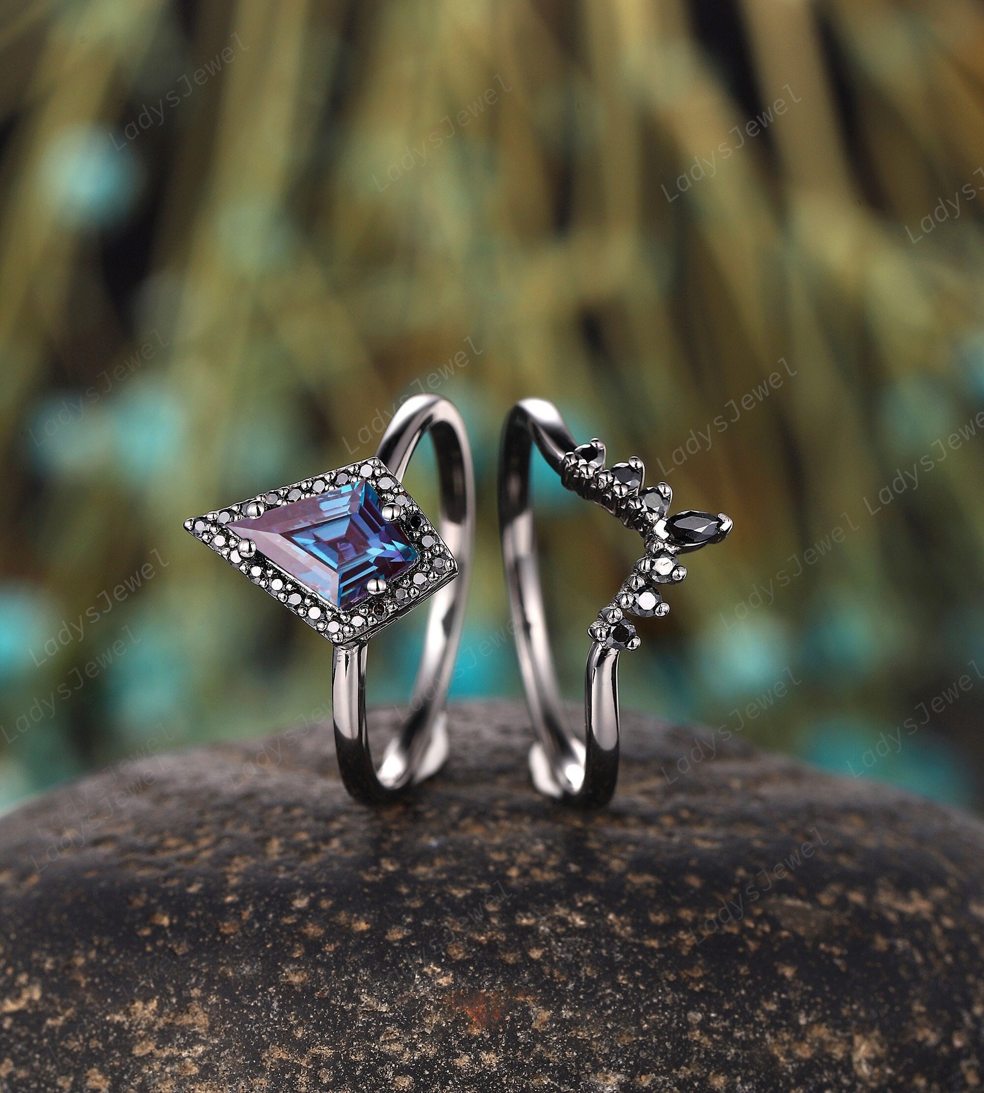 Kite Cut Alexandrite Engagement Ring Set Rhodium Black Gold Halo