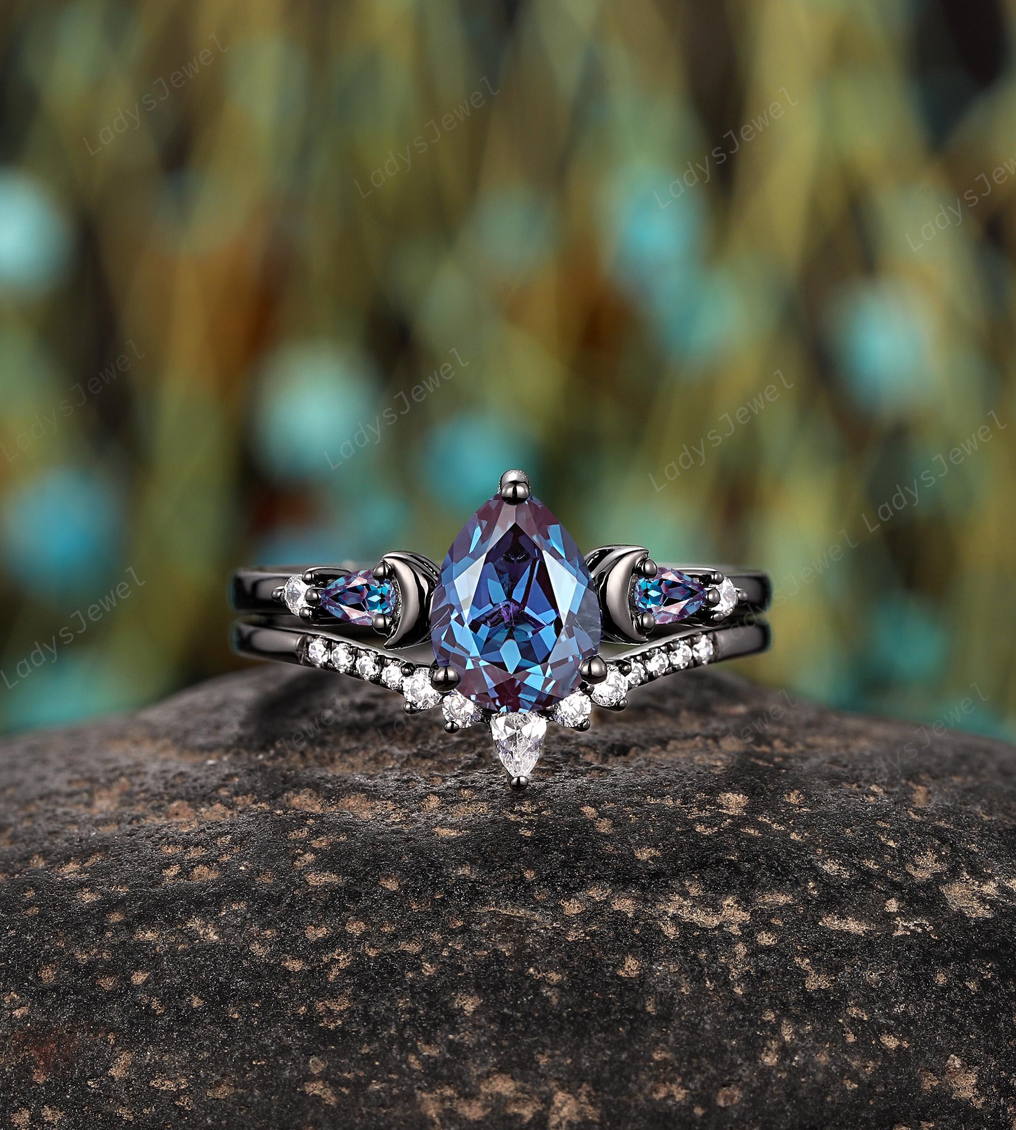 Crescent Pear Cut Alexandrite Engagement Rings Gothic Black Gold