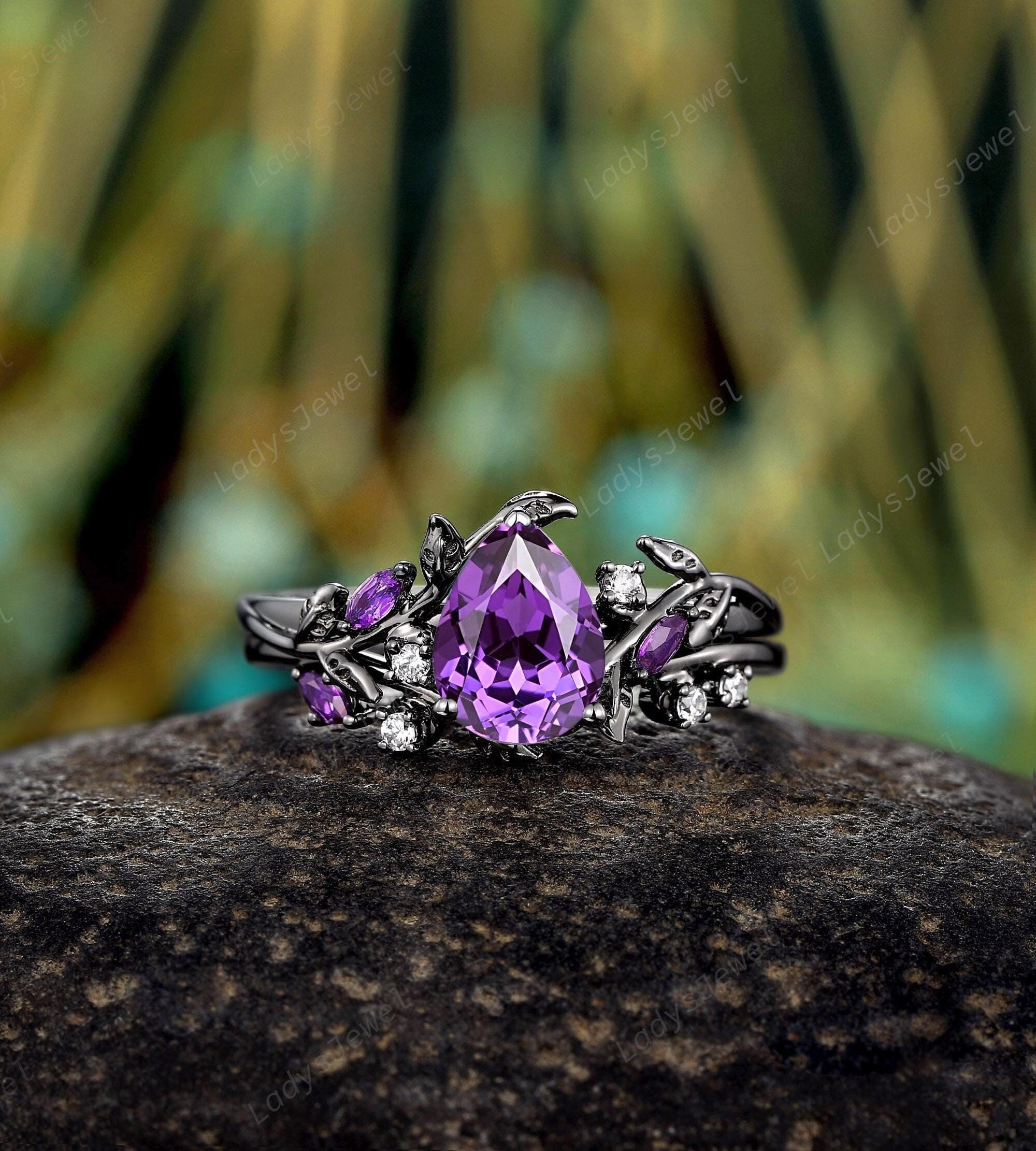 Gothic Pear Violet Sapphire Engagement Rings Rhodium Black Gold