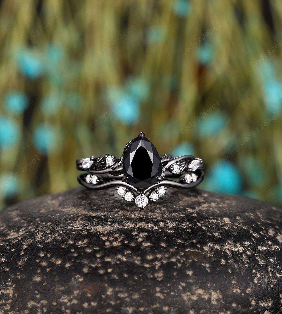 Unique Pear Shape Black Onyx Engagement Ring Set, Witchy Rhodium Black