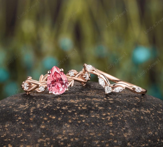 Pear Cut Pink Sapphire Engagement Ring Set, Vintage Peach Pink