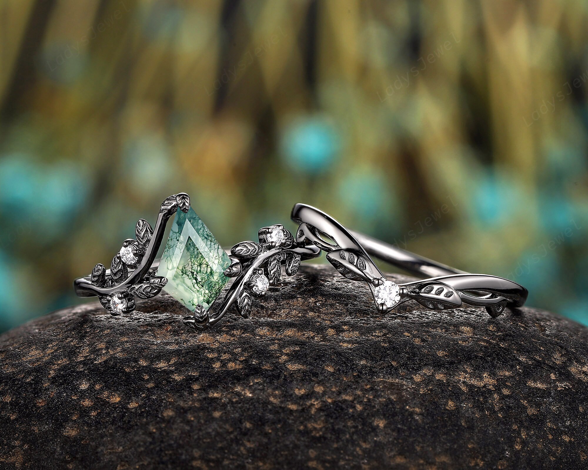 Gothic Kite Moss Agate Engagement Ring Rhodium Black Gold Natural