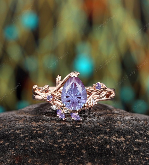 Firework Cut Alexandrite Platinum Bridal Set 14K Rose Gold