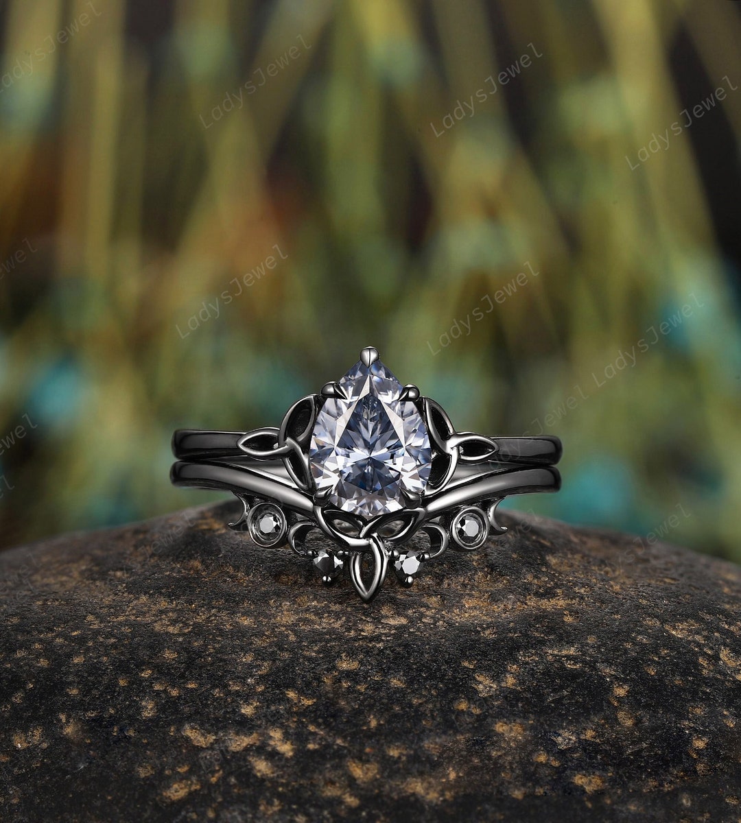 Celtic Pear Gray Moissanite Gothic Engagement Ring Set, Rhodium