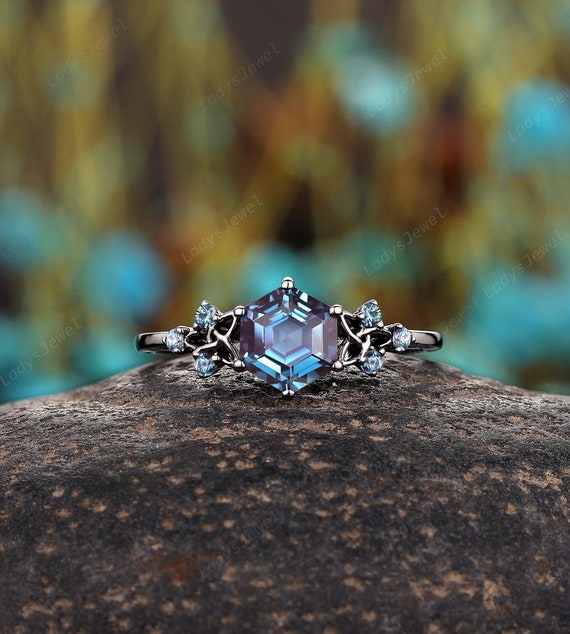Celtic Knot Hexagon Alexandrite Engagement Ring, Rhodium Black