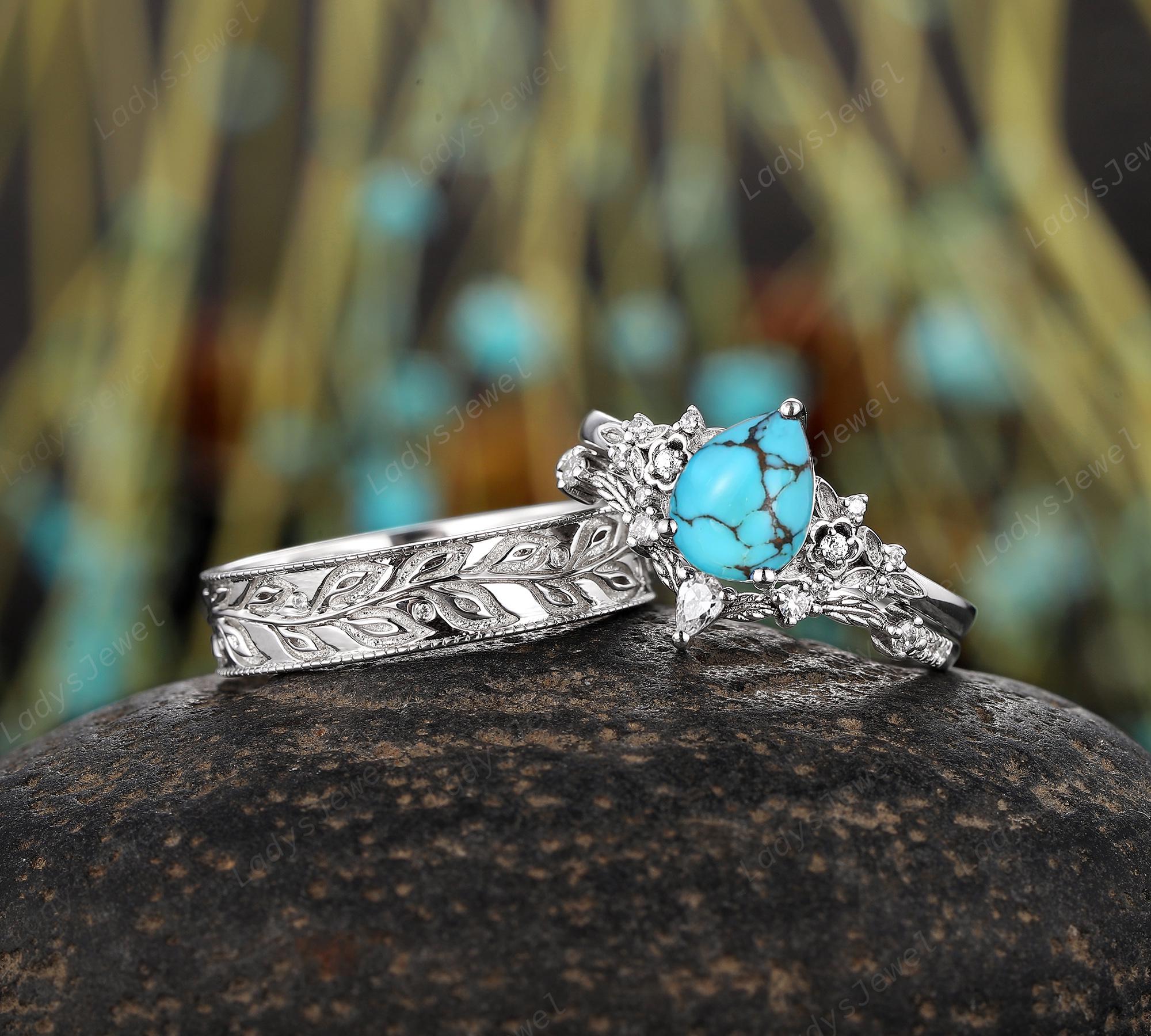 Pear Cut Blue Turquoise His and Hers Wedding Bands Western Turquoise Pear Cut Blue Turquoise His and Hers Wedding Bands Western Turquoise