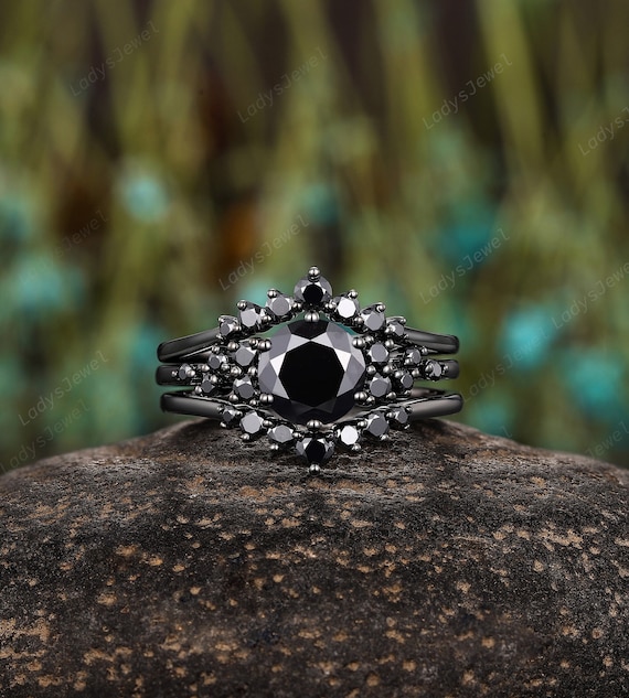 Gothic Round Black Moissanite Engagement Ring Set, Rhodium Black
