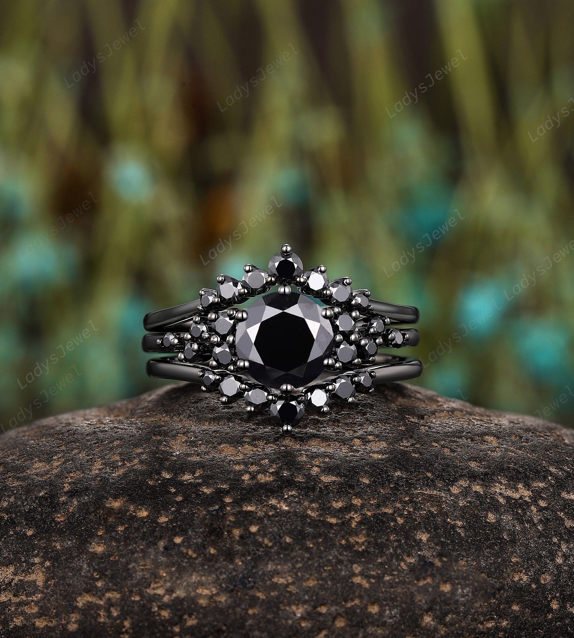 Gothic Round Black Moissanite Engagement Ring Set Rhodium Black Gold Hip Hop Bridal Set 3PCS Vintage Witchy Wedding Promise Ring for Her