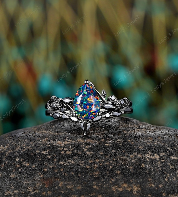 Pear Cut Facet Black Fire Opal Engagement Ring Rhodium Black Gold