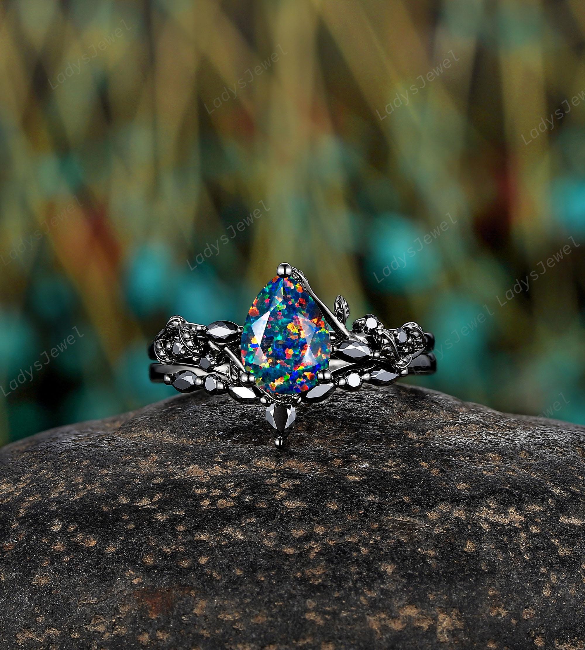 Pear Cut Facet Black Fire Opal Engagement Ring Rhodium Black Gold