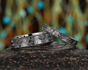 Spiral Celtic Knot His and Hers Wedding Band, 14K Black Gold