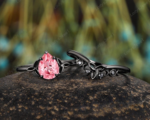 Gothic Pear Cut Pink Sapphire Engagement Ring Set Celtic Knots
