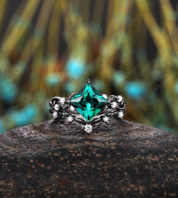 Gothic Princess Cut Emerald Engagement Ring Set Rhodium Black Gold