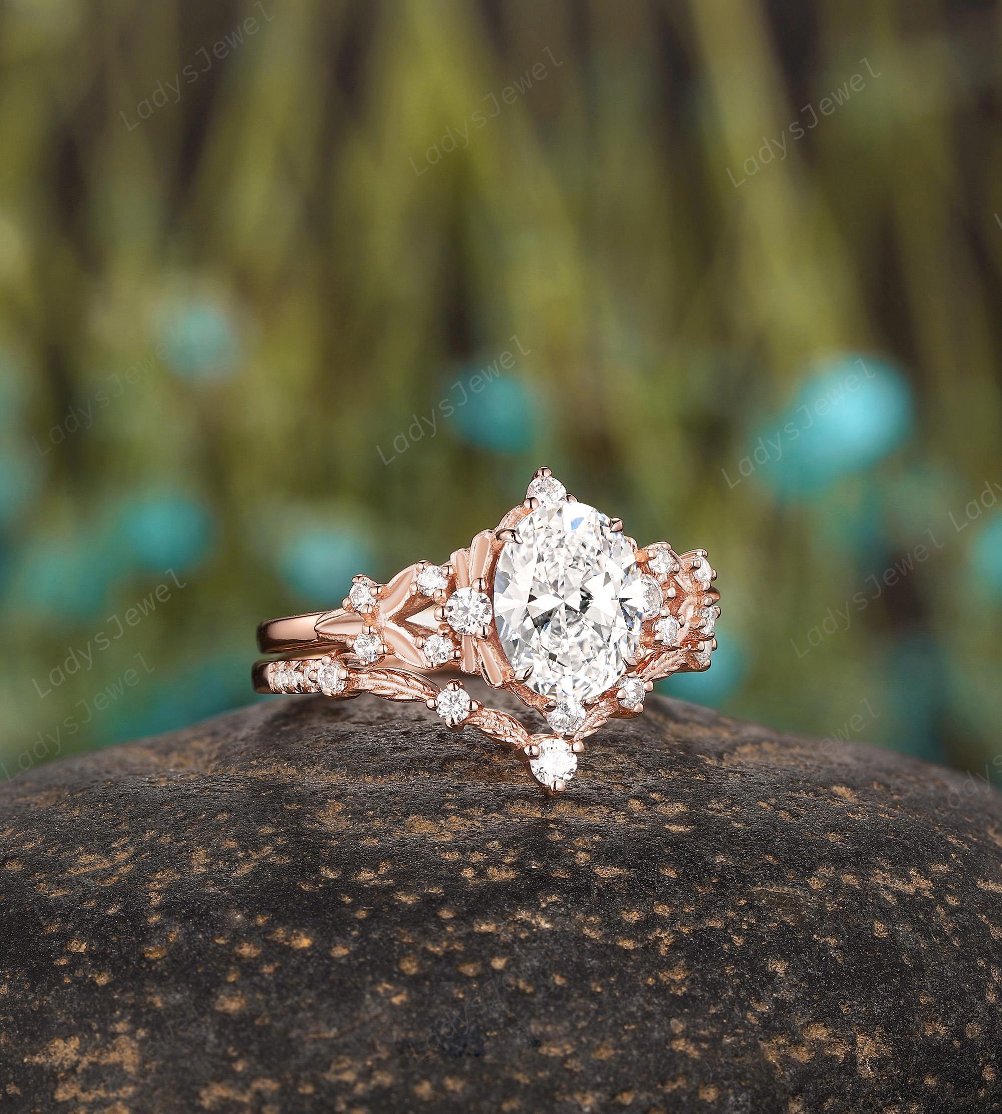 rose gold diamond dress rings 1 Carat Oval Cut Diamond Engagement Ring Set 14K Rose Gold Lab Grown Diamond  Bridal Set Nature Inspired Floral Diamond Wedding Promise Ring
