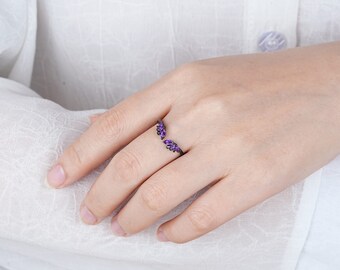 ゴシック調マーキーズカット天然アメジスト結婚指輪、カスタムメイドの