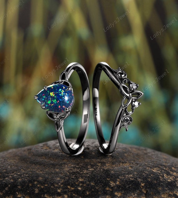 Gothic Pear Cut Black Opal Engagement Rings Crescent October
